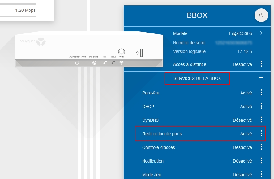 configuration redirection port bbox box bouygues bureau a distance 07
