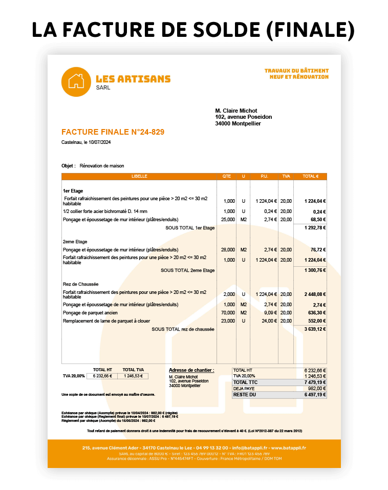 apercu facture finale de solde de chantier dans logiciel batappli