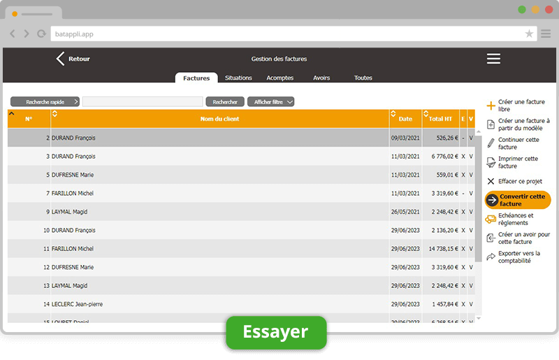 interface liste facture chantier plus facile rapide simple gerer facturation en ligne batappli
