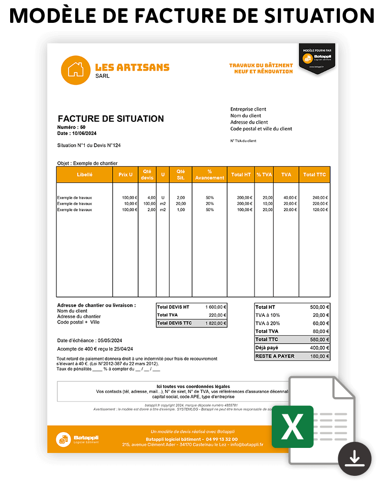 telecharger modele facture situation avancement chantier xls excel