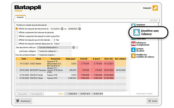 lettre relance suivi impaye avec batappli logiciel artisan sur PC